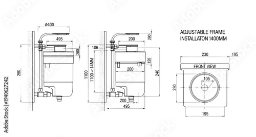 Technical drawing of adjustable frame with dimensions and measurements

