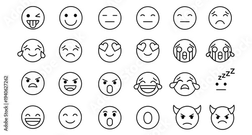 Emoji icons set with various facial expressions and emotions
