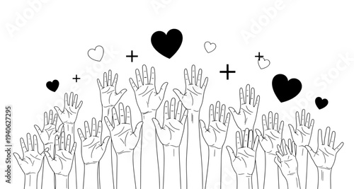 Hands raised up with hearts representing volunteering and charity

