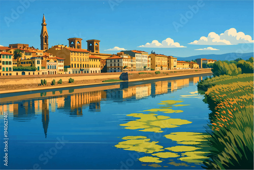 Serene Florence riverside with warm historic facades reflected in calm water, framed by greenery and distant hills