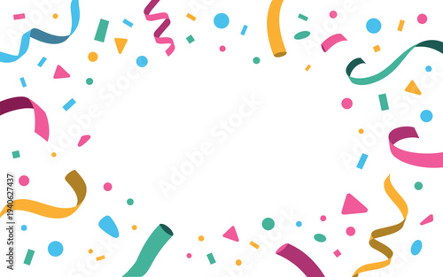 Vibrant party celebration with colorful confetti and ribbons
