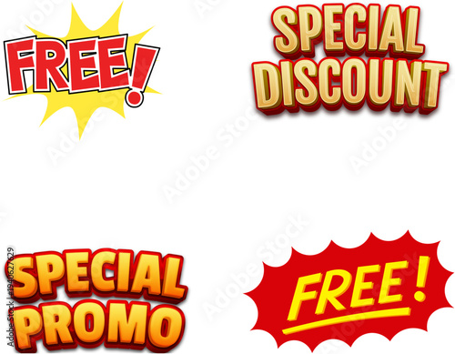 Collection of four vibrant promotional graphic elements featuring 'FREE!', 'SPECIAL DISCOUNT', and 'SPECIAL PROMO' text for marketing campaigns.