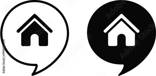Black and white home icon within speech bubble shapes house building
