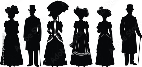 Victorian era silhouettes of elegant women and gentlemen with umbrella, hats and cane, vintage historical fashion, aristocratic society style and classic nineteenth century concept.