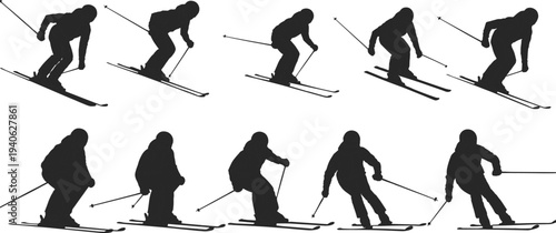 Skiing silhouettes set with skier downhill action poses, winter sport athlete skiing with poles on snow vector illustration collection