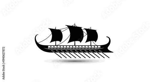 Ancient Greek trireme galley silhouette, historic Mediterranean warship with oars and sails, black nautical vessel vector icon on white background