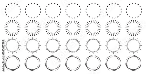 Collection of various circular geometric border elements including sunburst rays starburst outlines and segmented radial designs perfect for crafting