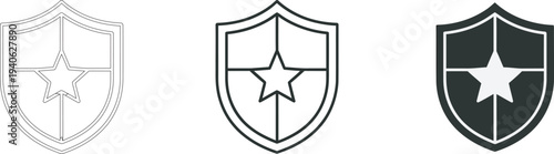 Variations of a shield logo design with star and cross elements