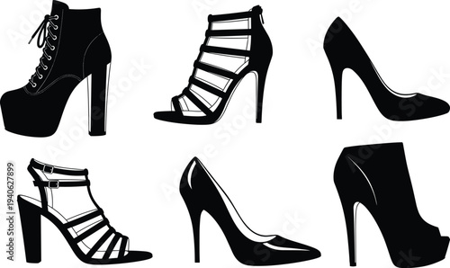 Women High Heel Shoes Silhouette Collection, Fashion Footwear Icons Including Pumps, Sandals and Ankle Boots Isolated on White Background for Style Design