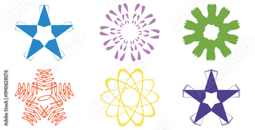 Collection of six distinct geometric abstract design motifs showcasing vibrant colors and varied artistic stitch or pattern styles on a white background