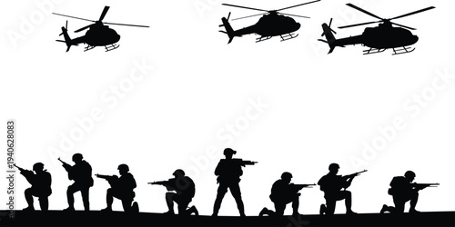 Military Soldiers with Rifles and Helicopters Silhouette Army Combat Team Tactical Operation War Scene Black Vector Illustration