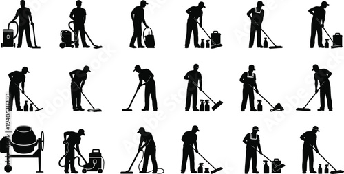 Set of black silhouettes featuring professional cleaning service workers using vacuum cleaners mops and industrial equipment on white background (20 words)