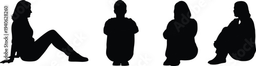 People sitting on floor silhouettes collection with different relaxed poses, casual lifestyle characters, resting posture, thinking and everyday human activity concept.