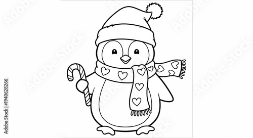 Adorable penguin in winter attire holding a candy cane