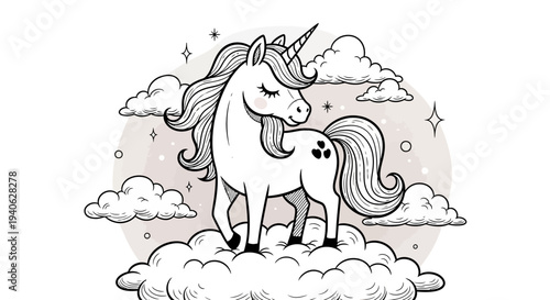 A unicorn and a small pony standing on clouds in a whimsical scene