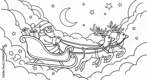 Santa claus riding sleigh through starry night sky with reindeer