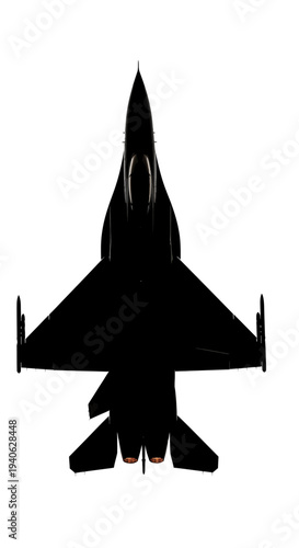 Military fighter jet silhouette vector, modern supersonic aircraft top view, black combat airplane icon on white background
