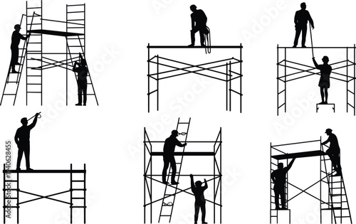 Silhouette construction workers assembling and working on scaffolding with ladders, industrial maintenance teamwork, workplace safety concept, building repair and work at height illustration