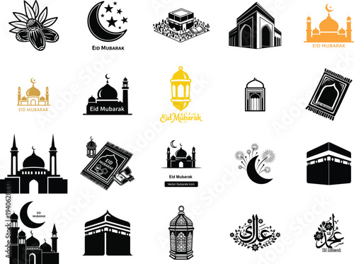 Collection of diverse islamic and cultural symbols and architectural icons