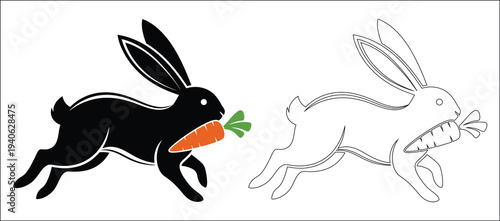 A black rabbit holding a carrot with a green top next to a white rabbit outline
