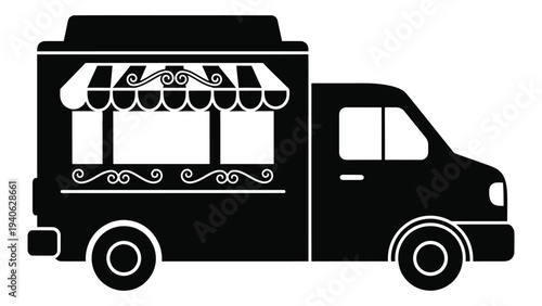 A black silhouette of a food truck with a striped awning