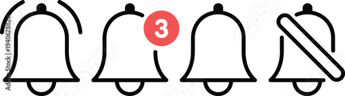 Set of Four Bell Icons Showing Notification Alert Mute and Normal States Keywords: bell, notification, alert, sound, mute