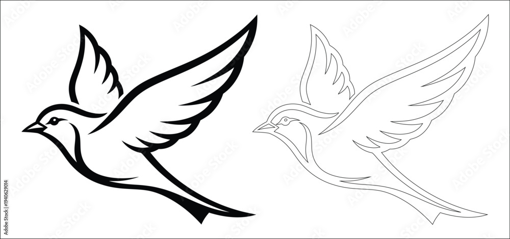 Fototapeta premium Flying bird silhouette and outline illustration