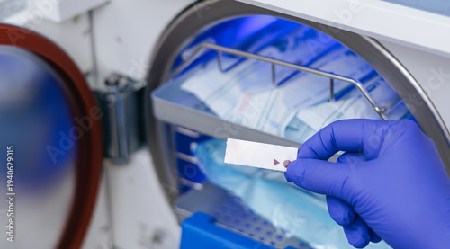 Konstfotografi Gloved hand loading dental autoclave with sterilized instrument pouches and indi