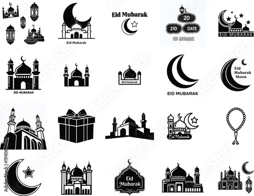 Collection of islamic architecture and cultural symbols with crescent moons