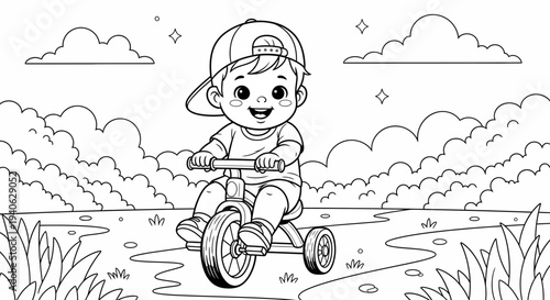 A young child riding a tricycle on a sunny day outdoors