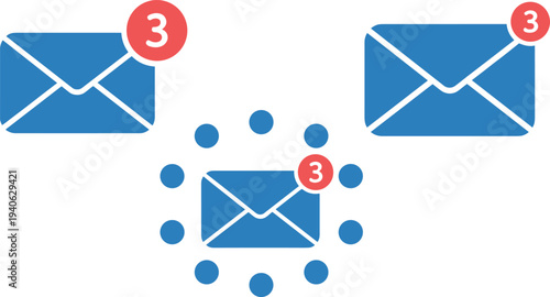 Three blue envelopes with red notification badges showing the number three email message