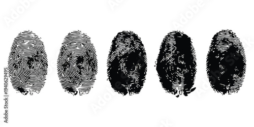 A set of five fingerprints showing different levels of detail and quality, from stylized patterns to solid black impressions