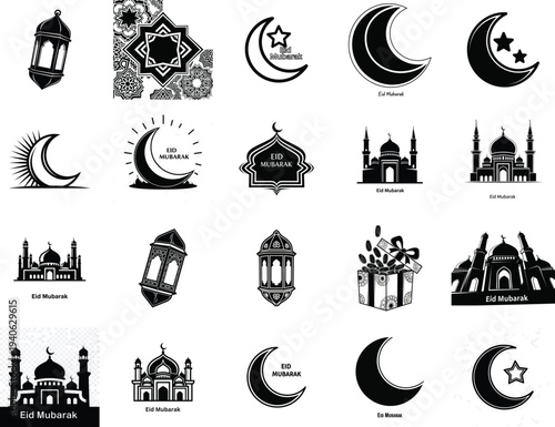 Collection of islamic and moon phase icons with architectural and cultural symbols
