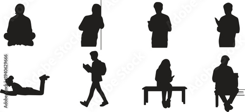 Silhouette collection of diverse people reading books in various poses, studying, learning, education lifestyle concept, students and readers engaged in knowledge activities illustration