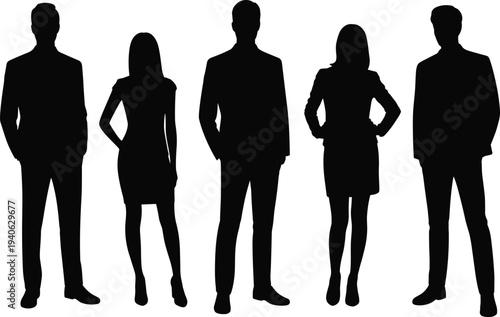 Set of Business People Silhouettes Featuring a Diverse Group of Professional Men and Women in Formal Suits and Smart Attire Standing Isolated on White Background