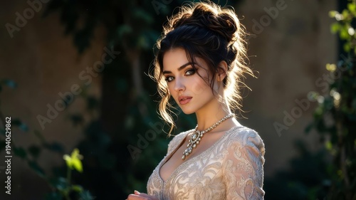 Woman in Vintage Dress with Gemstone Earring and Diamond Necklace. Elegant Romantic Dreamy Brunette Bride Portrait in Morning Sunlight. Sunny Day Wedding Atmosphere Art. Glossy Skin Young Face.