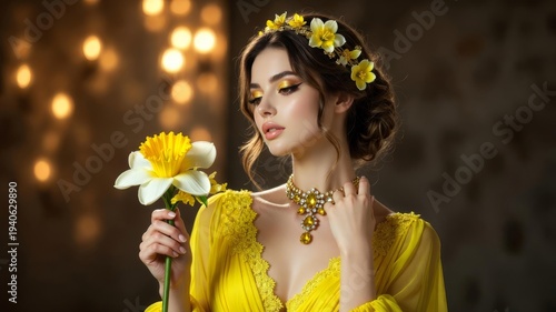 Vintage  Woman Portrait in Yellow Wreath  Flower Crown. Gemstone Necklace and Glossy Shiny Skin. Elegant Dress. Romantic Dreamy Brunette Bride in Shady Evening Garden. Wedding Day Luxury Atmosphere