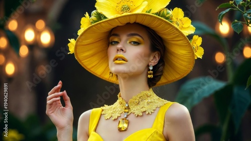 Vintage Rich Woman Portrait in Yellow Hat with Huge  Flower. Gemstone Earring and Necklace. Elegant Dress. Romantic Dreamy Brunette Bride in Shady Evening Garden. Wedding Day Luxury Atmosphere Art.