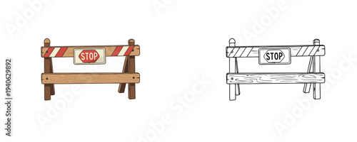 Wooden road barrier with stop sign presented in two versions colored flat cartoon and black line art illustration isolated on a white background