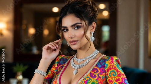 Woman in Vibrant Silk Dress, Earring with Gemstone and Diamond Necklace. Female with Glossy Skin Portrait. Romantic Dreamy Glamour Girl Character Retro Vintage Chic Atmosphere Art