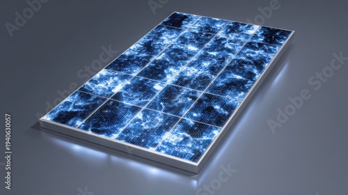 studio photography of a polycrystalline solar panel isolated on neutral background, blue crystal pattern visible, renewable energy concept, soft
