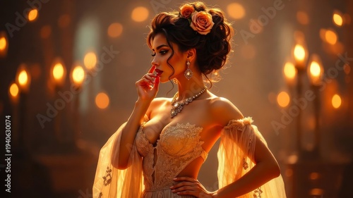 Woman in Lace Dress with Rose Flower Wreath in Hair. Elegant Romantic Dreamy Bride in Evening Lights. Glossy Shine Luxury Floral Illustration. Cozy Vintage Blooming Spring Wedding Night Atmosphere Art