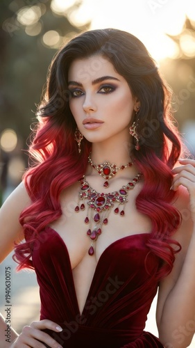 Woman with Red Hair and Ruby Gemstone Necklace. Powerful Mystique Gothic Style Female Character. Romantic Bold Female in Evening Sunlight. Dark Red  Vintage and Luxury Elegant Velvet Dress.