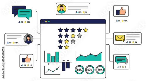 Business analytics dashboard with customer feedback ratings and statistics