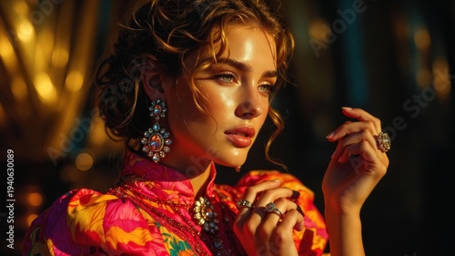 Woman in Vibrant Silk Dress, Earring with Gem Stone. Female with Glossy Skin Portrait. Romantic Dreamy Glamour Girl Character  in Evening Sunlight. Retro Vintage Glossy Chic Atmosphere Art