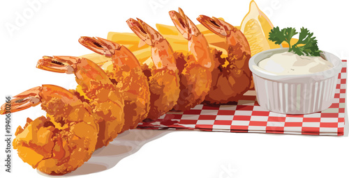 Crispy Fried Shrimp with French Fries and Creamy Dipping Sauce Seafood Meal Illustration Isolated for Restaurant Menu and Food Design