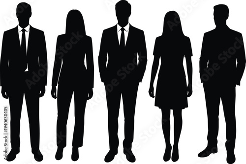 Set of Business People Silhouettes Featuring a Diverse Group of Professional Men and Women in Formal Suits and Casual Attire Standing Isolated on White Background