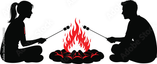 Silhouette illustration of people roasting marshmallows at campfire, outdoor camping activity, leisure lifestyle, social gathering and adventure nature design concept
