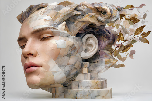 Chisel splitting marble, one half classical, one half digital sculpture