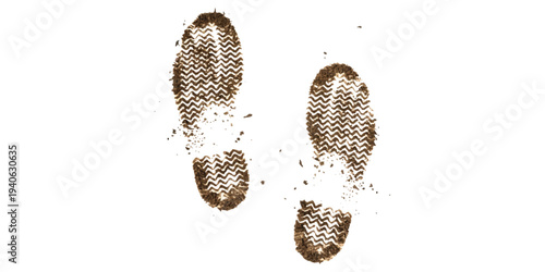 A pair of dirty footprints left by a shoe or boot, isolated against a clean white background